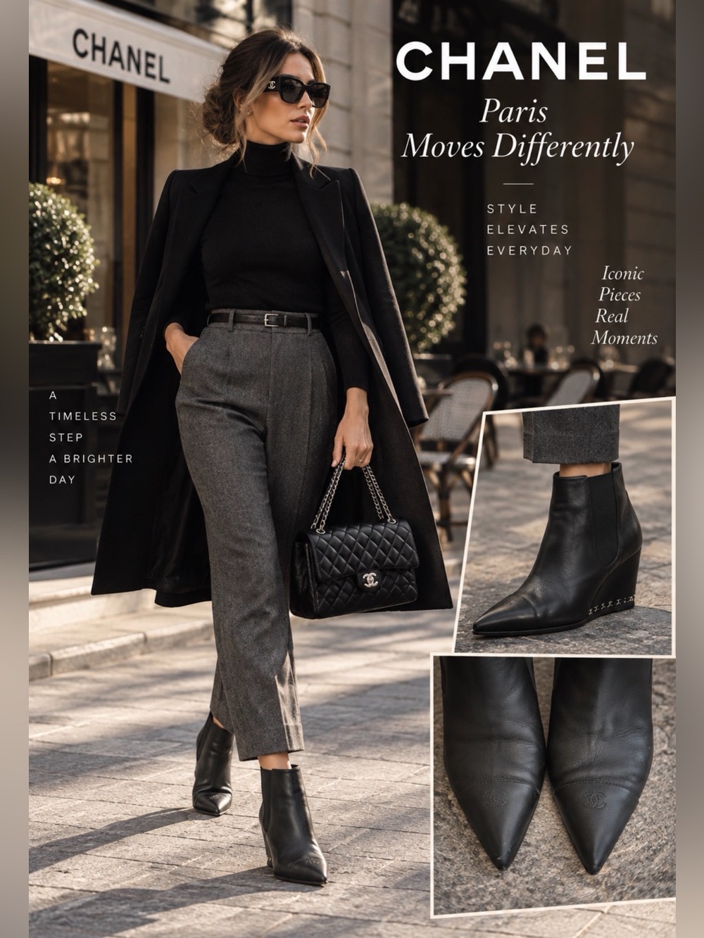 CHANEL Black Leather Pointed Toe Wedge Ankle Booties